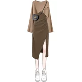 Трикотажный свитер, весеннее платье, стиль бохо, с акцентом на бедрах, городской стиль, французский стиль