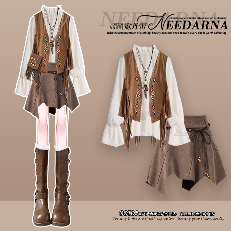 Xinjiang Travel Outfit Western Cowboy Ethnic Style Vest and Short Skirt 2026 Super Popular Summer Wasteland Style Dress Xinjiang Travel Outfit Western Cowboy Ethnic Style Vest and Short Skirt 2026 Super Popular Summer Wasteland Style Dress