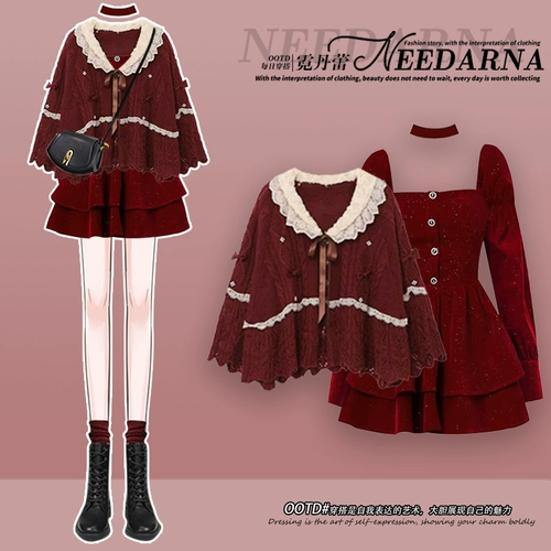 Красное бархатное платье, комплект, французский стиль, изысканный стиль, подходит для подростков