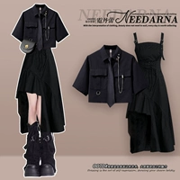 Черная рубашка, черные гетры, небольшой черный дизайнерский комплект, изысканный стиль, с открытой спиной, тренд сезона