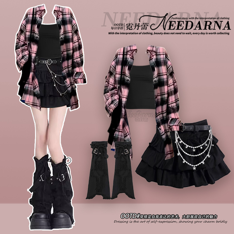 Dopamine Cool Girl Outfit Black Dress Early Spring Women's Clothing Hot Girl Fishing Style Date Dress Set Puffy Skirt
