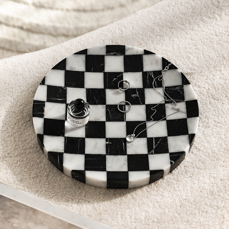 Nordic Mid-Century Style Marble Decorative Fruit Plate Storage Checkerboard Tray Tabletop Luxury Stone Ornament Dessert Plate Handmade