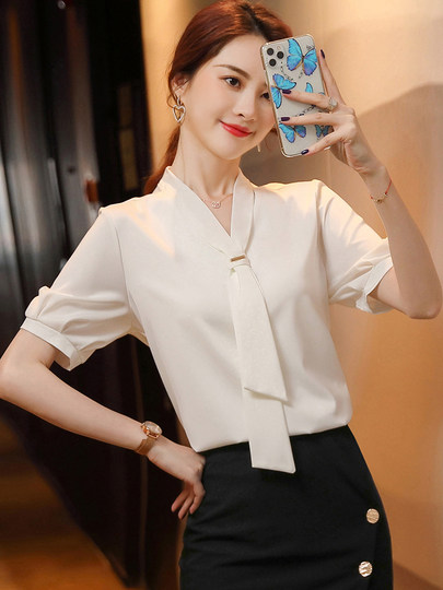 雪纺衬衫女短袖时尚气质百搭显瘦上衣职业装洋气小衫半身裙两件套