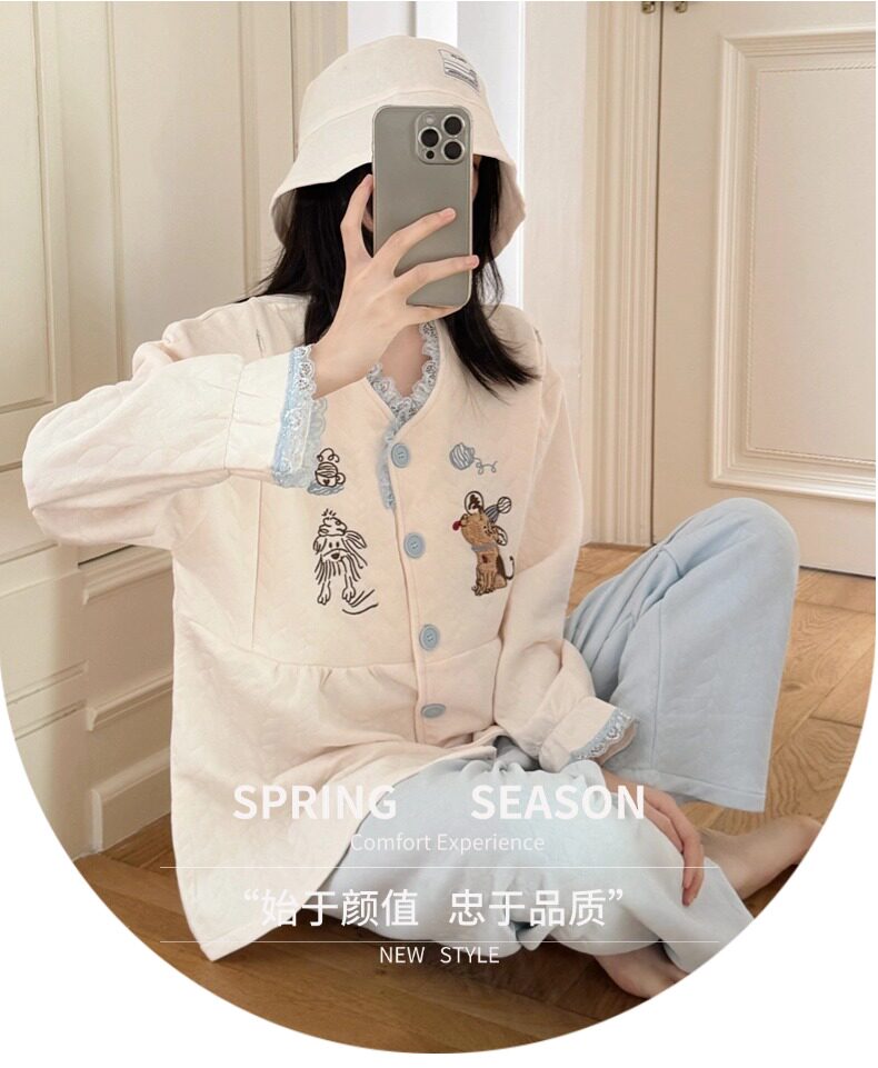 春秋冬季带胸垫加厚空气棉月子服免穿内衣夹层孕妇睡衣带帽子套装 — 1