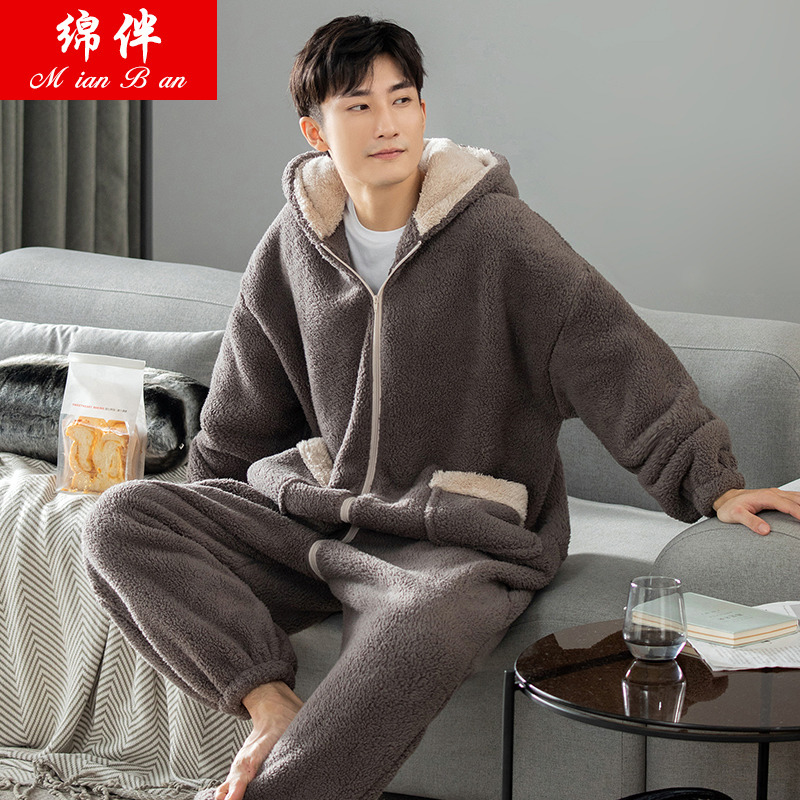 One-Piece Pajamas for Men, Winter All-In-One Flannel, Thickened Coral Fleece with Hood, Warm Zippered Loungewear for Teenagers