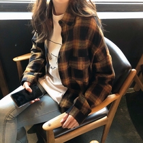 Large size autumn new womens 2021 plaid shirt fat sister ins top long sleeve Joker small shirt foreign style