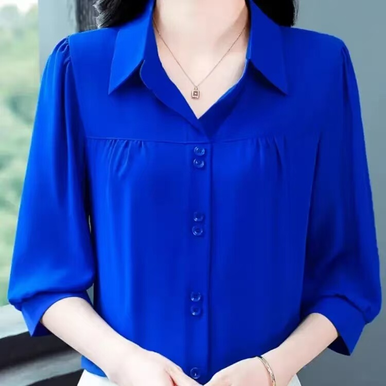 Spring and Autumn New Style Three-Quarter Sleeve Chiffon Elegant Slimming Solid Color Women's Blouse for Professional Commuting and Tummy Coverage