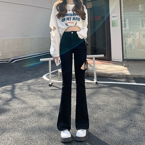 Черные приталенные джинсы, демисезонные штаны, мегафон, высокая талия, по фигуре, подходит для подростков