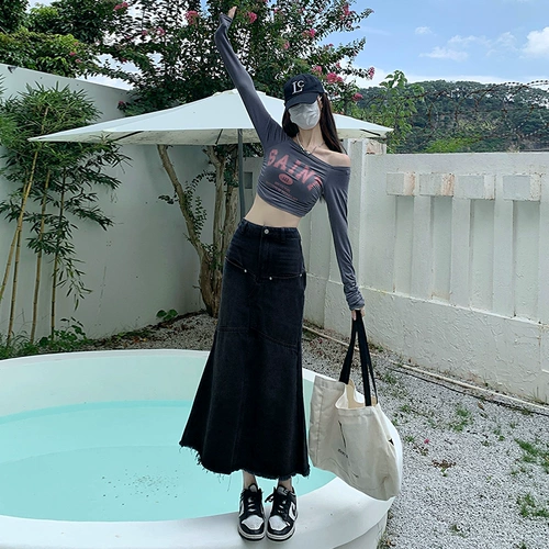 Черная весенняя осенняя брендовая приталенная длинная джинсовая юбка, средней длины, А-силуэт, рыбий хвост