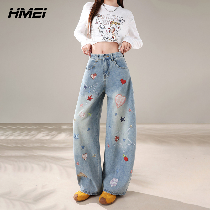 American-Style Embroidered Wide-Leg Jeans for Women, 2026 Spring and Autumn New Low-Waist Dopamine Loose Slimming Casual Curved Pants