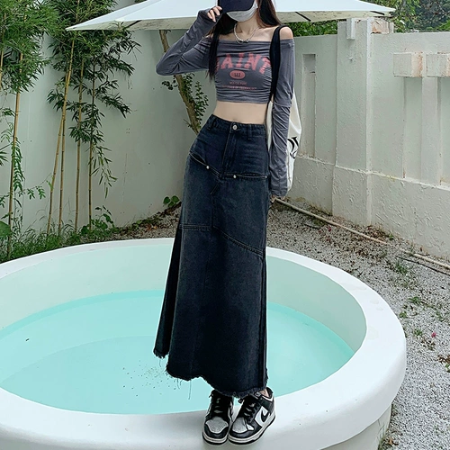 Черная весенняя осенняя брендовая приталенная длинная джинсовая юбка, средней длины, А-силуэт, рыбий хвост