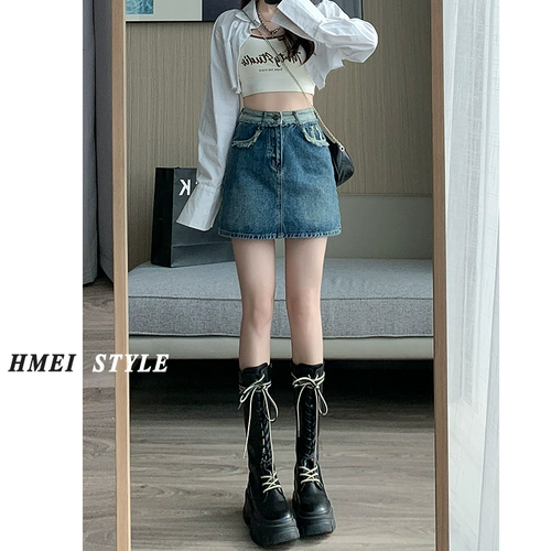 Ретро летняя джинсовая юбка, дизайнерская мини-юбка, защитное белье, высокая талия, тренд сезона, А-силуэт