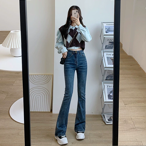 Весенние осенние джинсы, штаны, эластичные штаны-клёш, высокая талия, по фигуре, в обтяжку