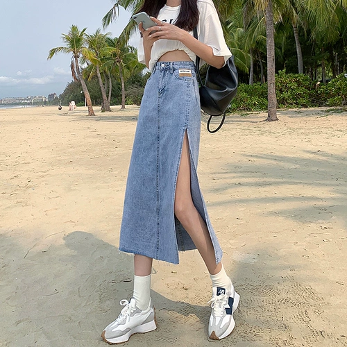 Tide, весенняя джинсовая юбка, высокая талия, коллекция 2023, оверсайз, А-силуэт, с акцентом на бедрах