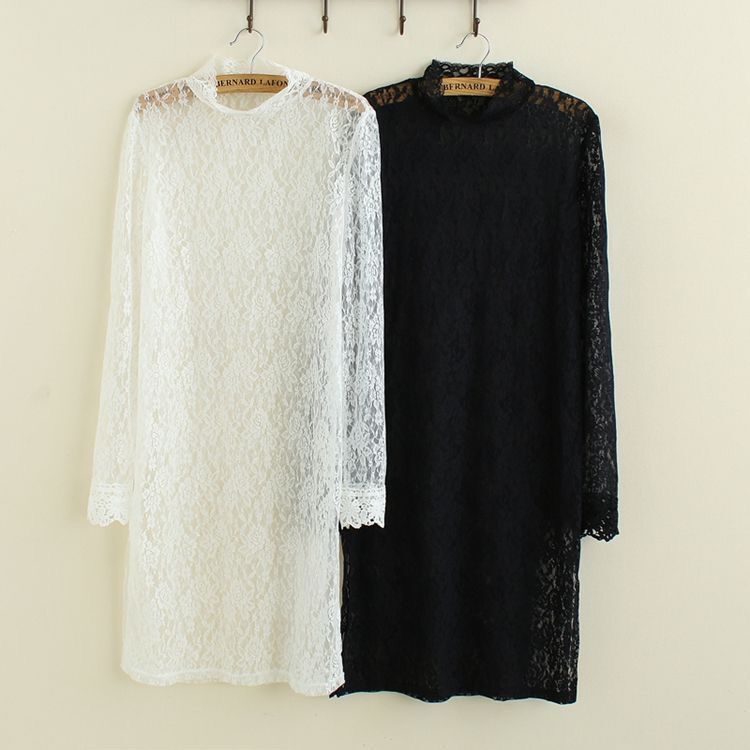 New Autumn and Winter Mid-Length Sheer Lace Blouse with Hollow Crochet Pattern, Breathable Korean Style Slit Round Neck Lace Petticoat