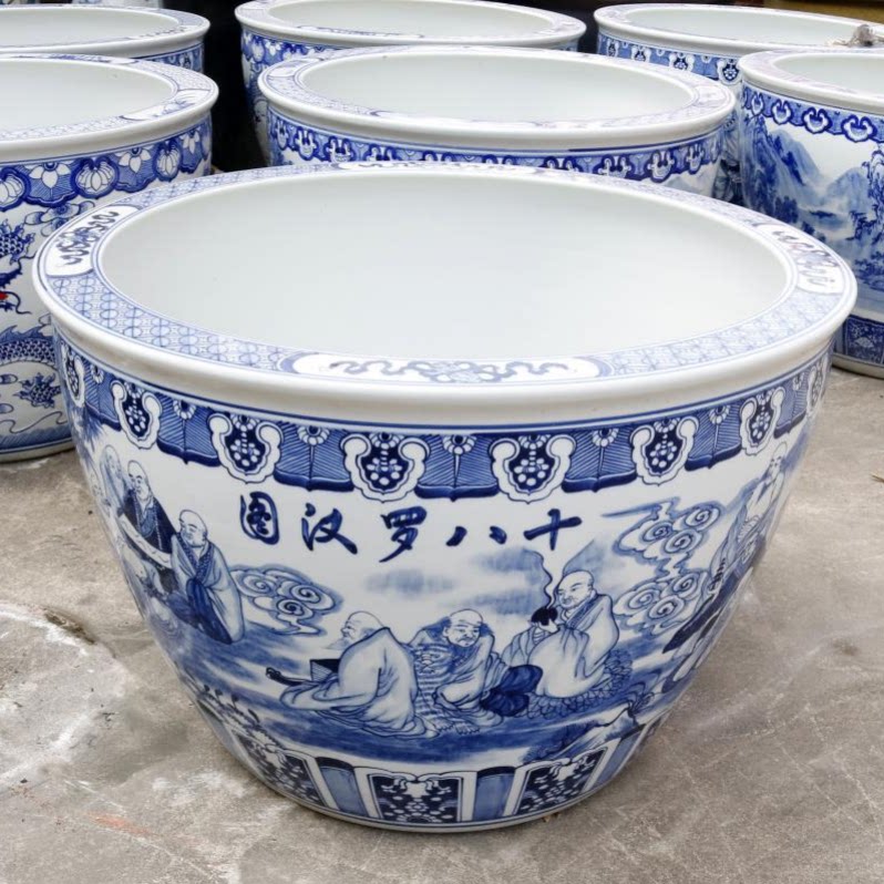 Jingdezhen ceramic large hand-painted fish tank eighteen arhat green garden garden garden tree lotus water lily goldfish tank