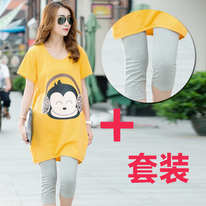 孕妇夏装2018夏季新款时尚款孕妇套装纯棉短袖t恤宽松上衣两件套