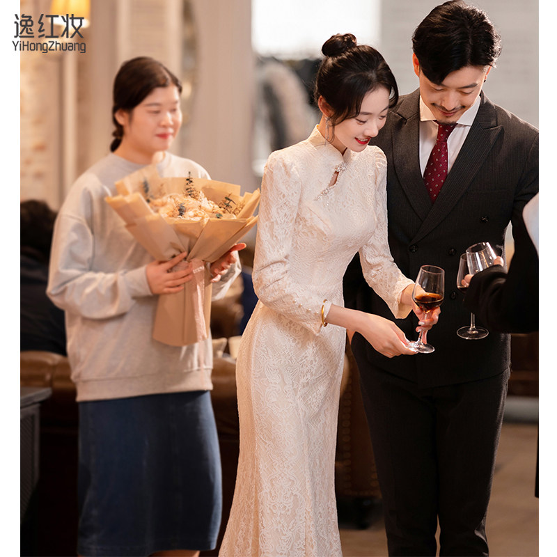 Bridal Toast Qipao Qipao 2023 New Fish Tail Engagement Evening Gown Senior Sensation Neckline Registration With Dress Winter-Taobao