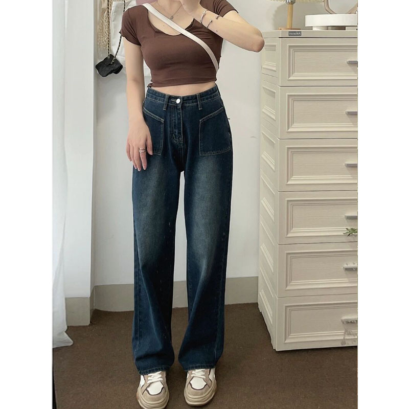 Retro jeans women's straight high waist spring plus size fat mm loose  slimming pear-shaped body narrow wide leg pants