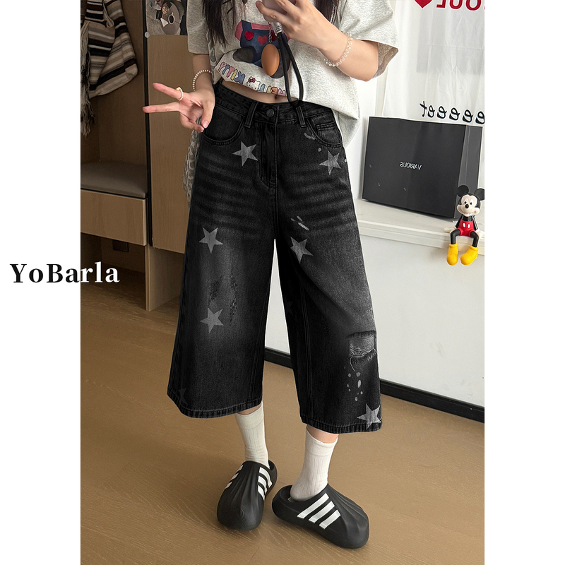 Black Star Ripped Denim Capri Pants for Women, Summer New Style, Plus Size, Loose High-Waisted, Slimming Wide-Leg Pants