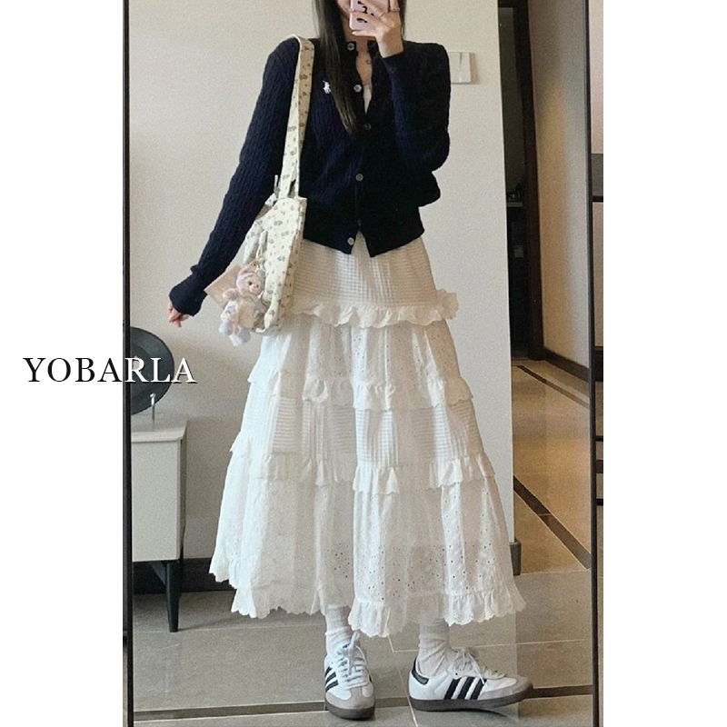 ホワイトレーススカート女性春新作ファットmmラージサイズスリムミディアムロングAラインパフィーケーキスカート