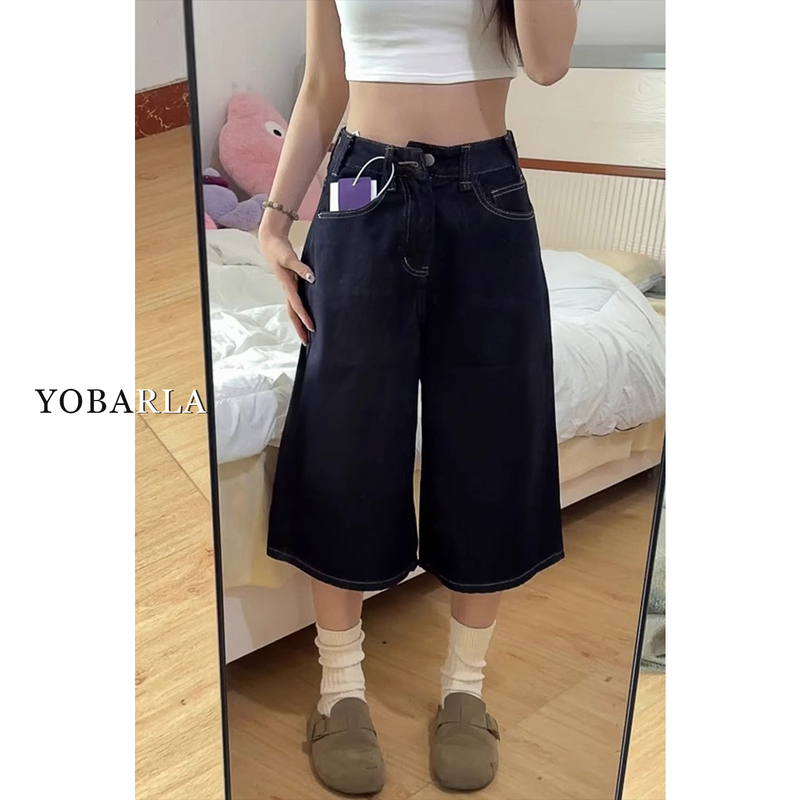 Dark Blue Wide-Leg Cropped Jeans for Women, New Summer Style, Plus Size, Pear-Shaped Body, Slimming, Loose Straight-Leg Pants Dark Blue Wide-Leg Cropped Jeans for Women, New Summer Style, Plus Size, Pear-Shaped Body, Slimming, Loose Straight-Leg Pants