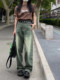 Retro green jeans for women spring new large size fat mm straight high waist slim loose wide leg floor mopping pants