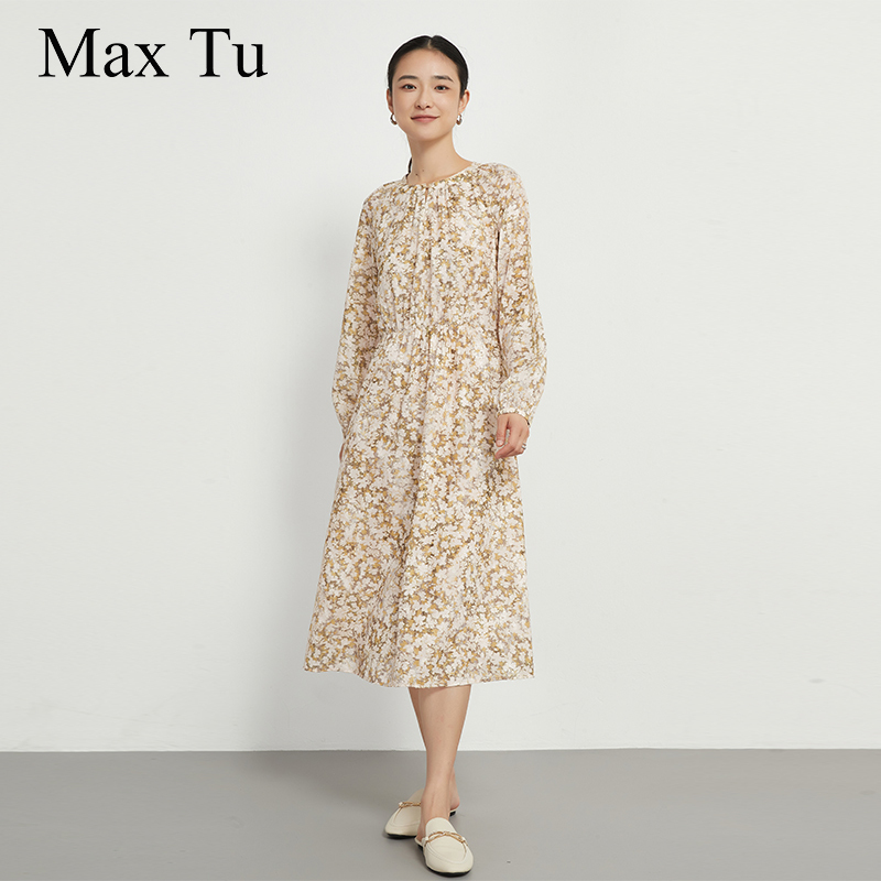 Max Tu Women's Spring and Autumn New Loose Plus-Size Waist-Cinching Floral Mid-Length Long-Sleeve Chiffon Dress