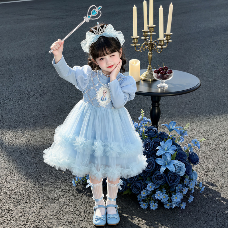 Girls' Autumn Long-Sleeve Rose Elsa Princess Dress, Stylish Children's Tulle Cake Elsa Dress, Puffy Skirt