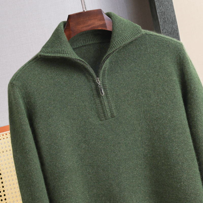 Thickened Pure Wool Sweater for Men, Half-High Collar, Zipper, Solid Color, Large Size, Lapel Sweater, Young and Middle-Aged Business Casual Knitwear