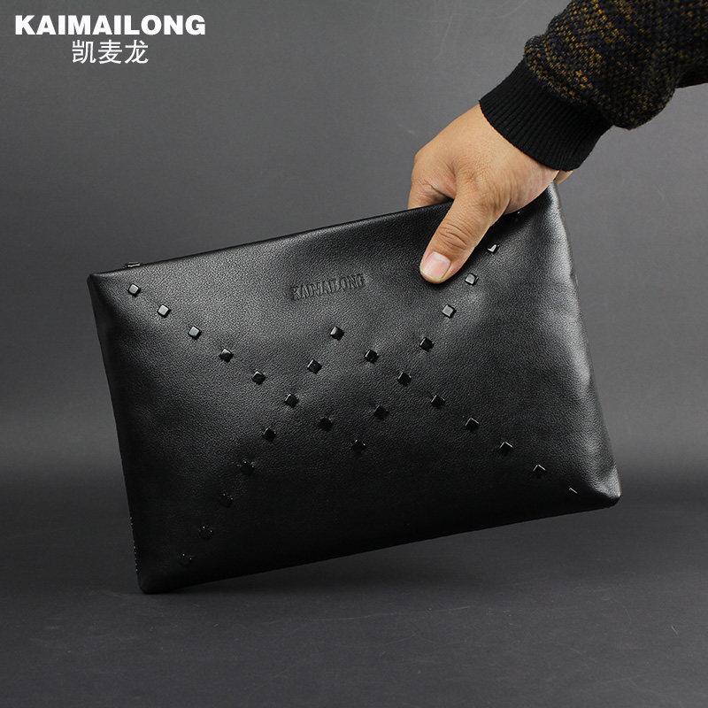 Men's handbag men's genuine leather leather clutch bag large capacity soft envelope bag casual business rivet men's bag clip bag tide