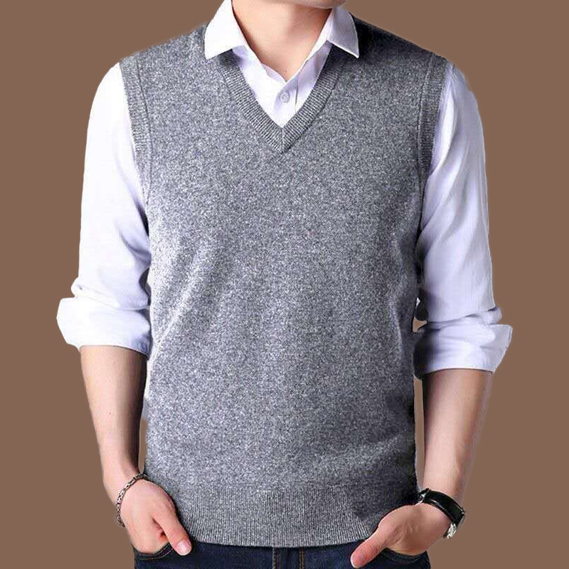 Spring and Autumn V-Neck Woolen Vest for Men, Middle-Aged Knitted Sleeveless Vest, Dad's Sweater, Casual Solid Color Pullover