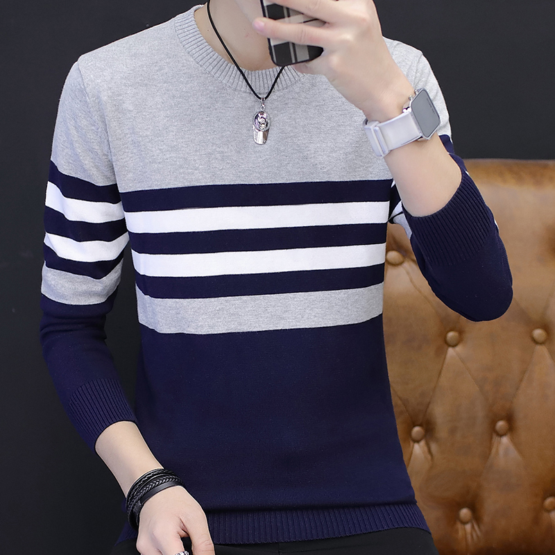 Autumn and Winter Men's Sweater Striped Knitwear Pure Cotton Youth Inner Wear Trendy Casual Thin Student Base Shirt