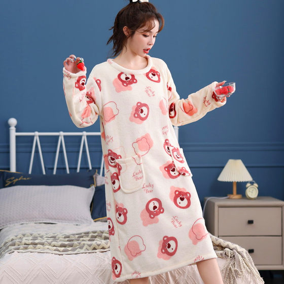 Autumn and winter cute flannel nightgown, women's pajamas, home wear, long coral velvet bath skirt, cartoon soft and sweet long skirt