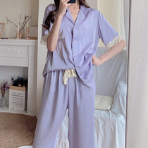Sleepwear Lady Summer Ice Silk Satin Short Sleeve Shorts Thin summer long pants Home Residence Suits can be worn out of three sets