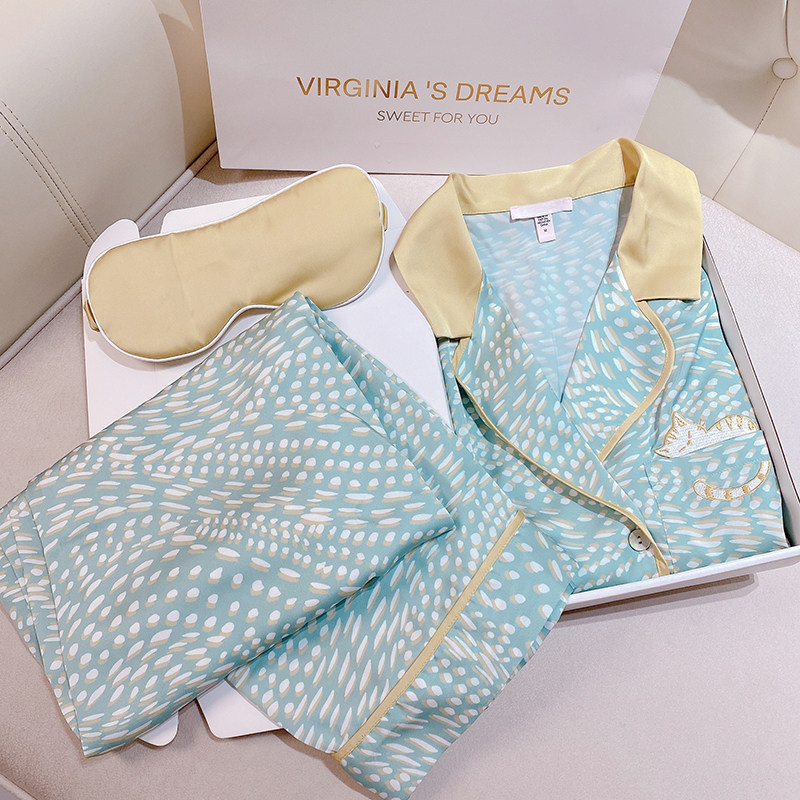 Little Red Book recommends cat embroidery net red pajamas woman summer long sleeve silk spring and autumn can wear home suit