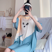 Cute kitty ice silk satin sleeping skirt woman summer loose long dress thin Korean version student big code pregnant woman cartoon pyjamas