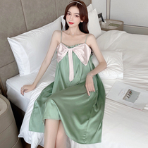 2022 new sleepwear women Summer ice silk Sexy thin Butterfly Knot Real Silk Summer Long style Harness Sleeping Dress