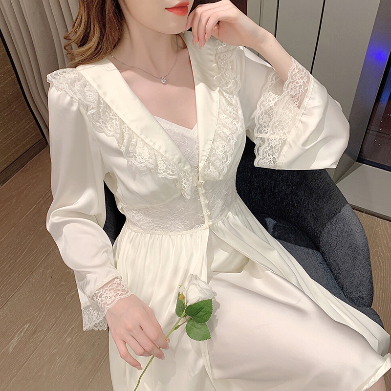 Spring and autumn sexy V collar harness silk quality sleeping dress thin lace florian side temperament sleepwear with two sets of sleepwear home clothes