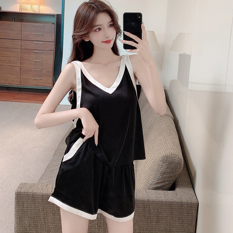 Sleepwear Women 2022 New Spring Summer Ice Silk Sexy Slim Net Red Harness Real Silk Summer Home Suits Suit
