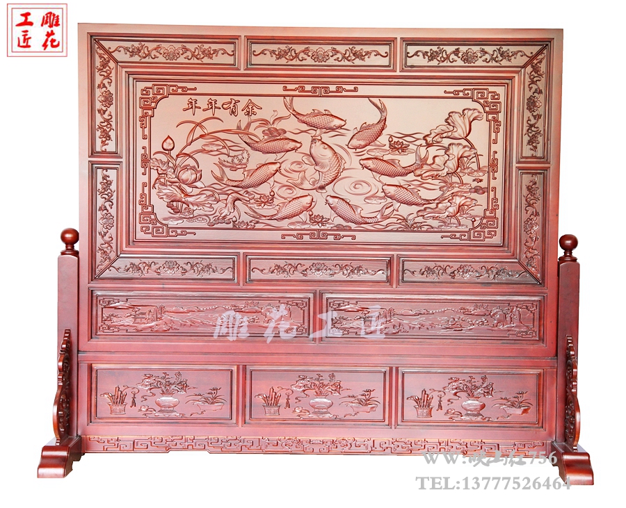 Dongyang wood carving solid wood screen living room lobby hotel large insert screen double-sided carved relief