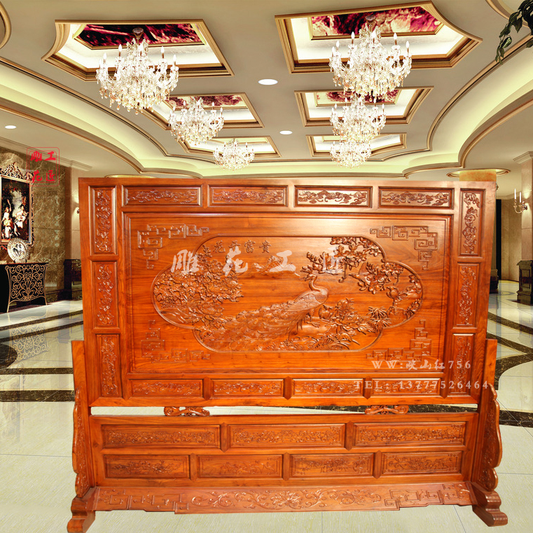 Dongyang wood carved solid wood screen Pear entrance partition Flower rich mahogany floor seat screen double-sided carved insert screen