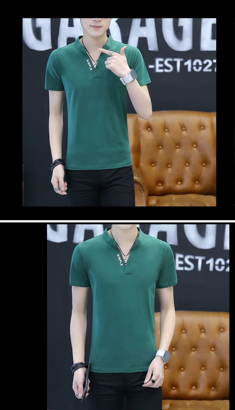 Áo thun nam tay ngắn phong cách mới 裇 cotton cổ áo nhỏ đứng cổ áo mùa hè nam áo ngắn áo thun burberry