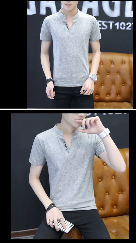 Áo thun nam tay ngắn phong cách mới 裇 cotton cổ áo nhỏ đứng cổ áo mùa hè nam áo ngắn áo thun burberry