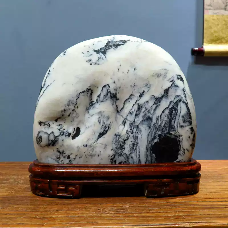 天然国画石原石水墨画石奇石观赏石草花石矿物摆件白色系列