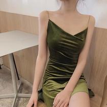 Womens fashion new sexy V-neck thin shoulder strap velvet sundress solid color slim bag hip dress short skirt tide