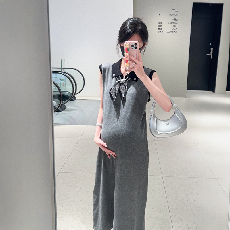 Haide Maternity Wear Simple Casual Loose Retro Color-Blocking High-Elasticity Polo Vest Knitted Maternity Dress Haide Maternity Wear Simple Casual Loose Retro Color-Blocking High-Elasticity Polo Vest Knitted Maternity Dress