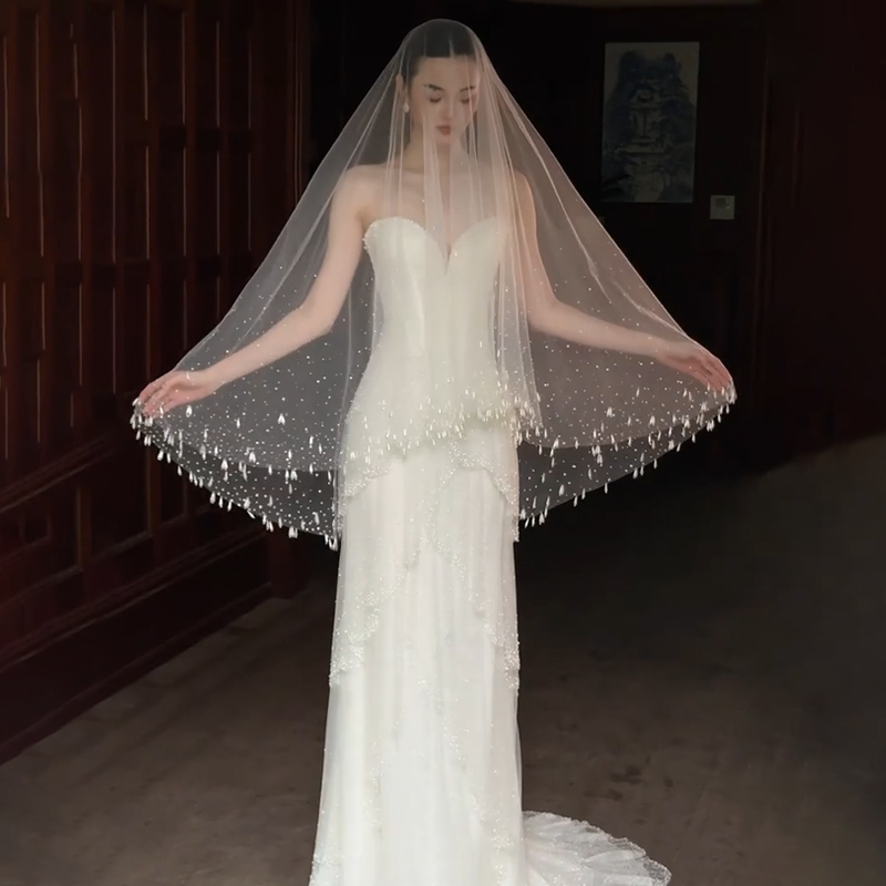 Heavy-Duty, High-End Pearl Veil, Bridal Main Wedding Dress, French-Style, Super Fairy-Like, Beautiful and Dreamy Wedding Headpiece, Photo Props