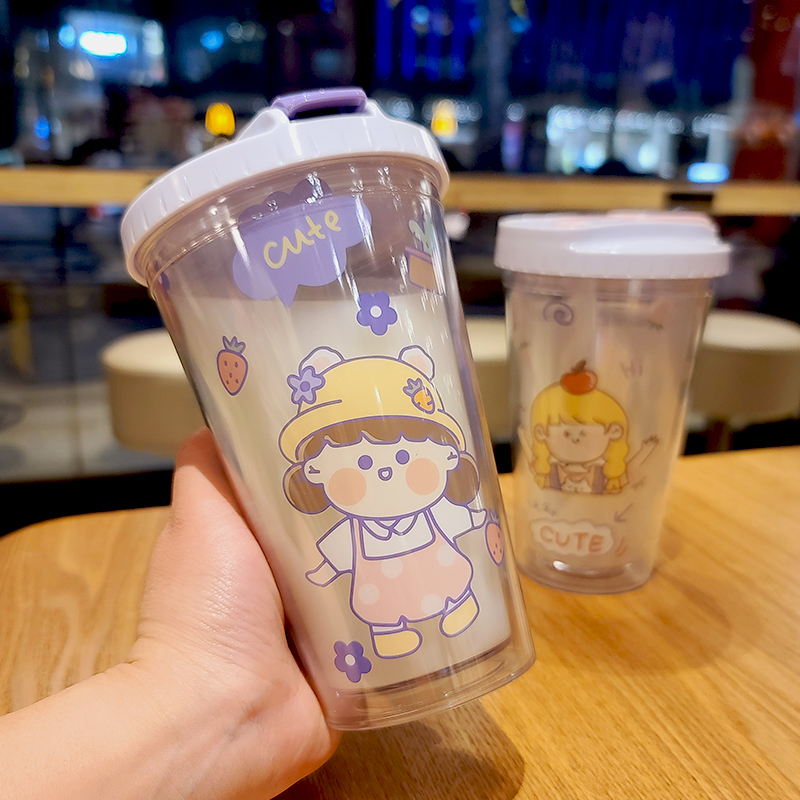 Cute Creative Plastic Straw Cup Small Fairy Girl Hearts Student Han Style Portable High Face Value Double Insulation Water Cup