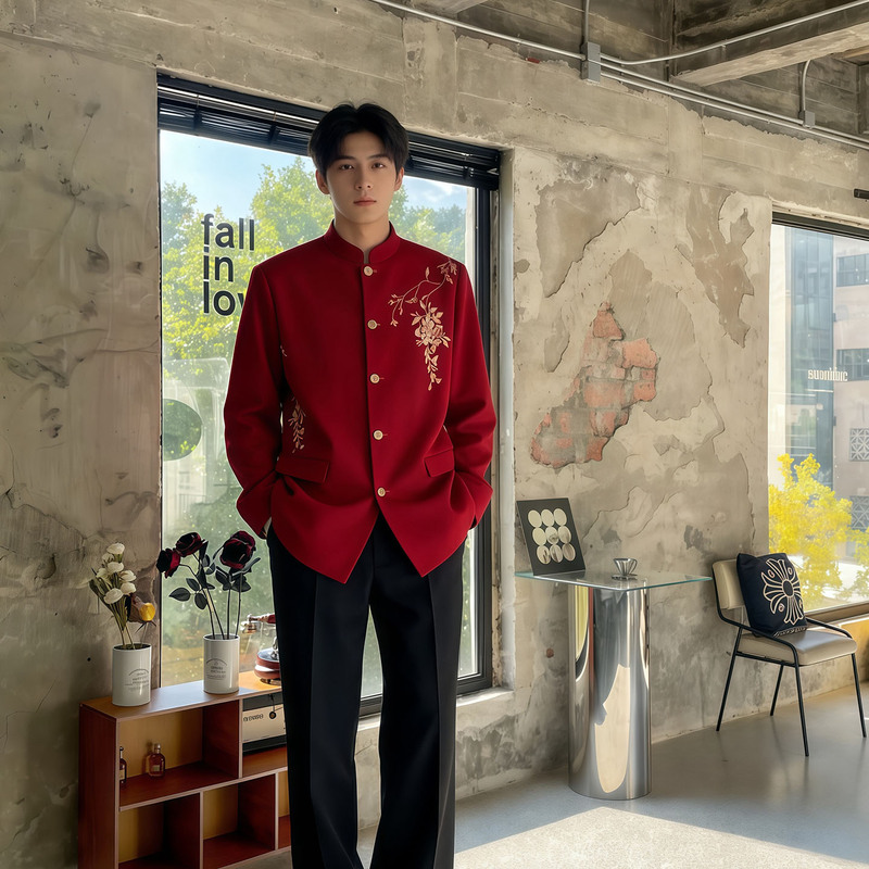 New Chinese-Style National Fashion Suit, High-End Embroidered Stand-Up Collar Casual Suit, Red Engagement Wedding Dress, Zhongshan Suit Jacket